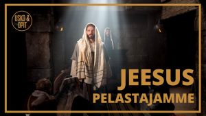 Usko ja Opit videojakson kansikuva, jossa Jeesus seisoo ihmisten keskellä.